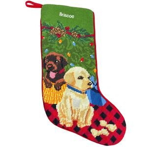 L.L. Bean Green Wool Christmas Stocking 2 Dogs Chocolate Lab Labrador Puppies